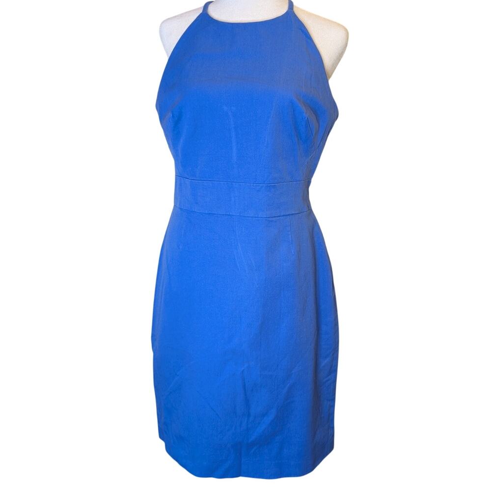 Banana Republic Blue Halter Neck Open Back Sheath Dress Size 10 Cotton Stretch